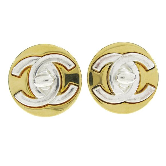 Chanel Turnlock Button Earrings Clip-On Gold Silver - Picture 1 of 4